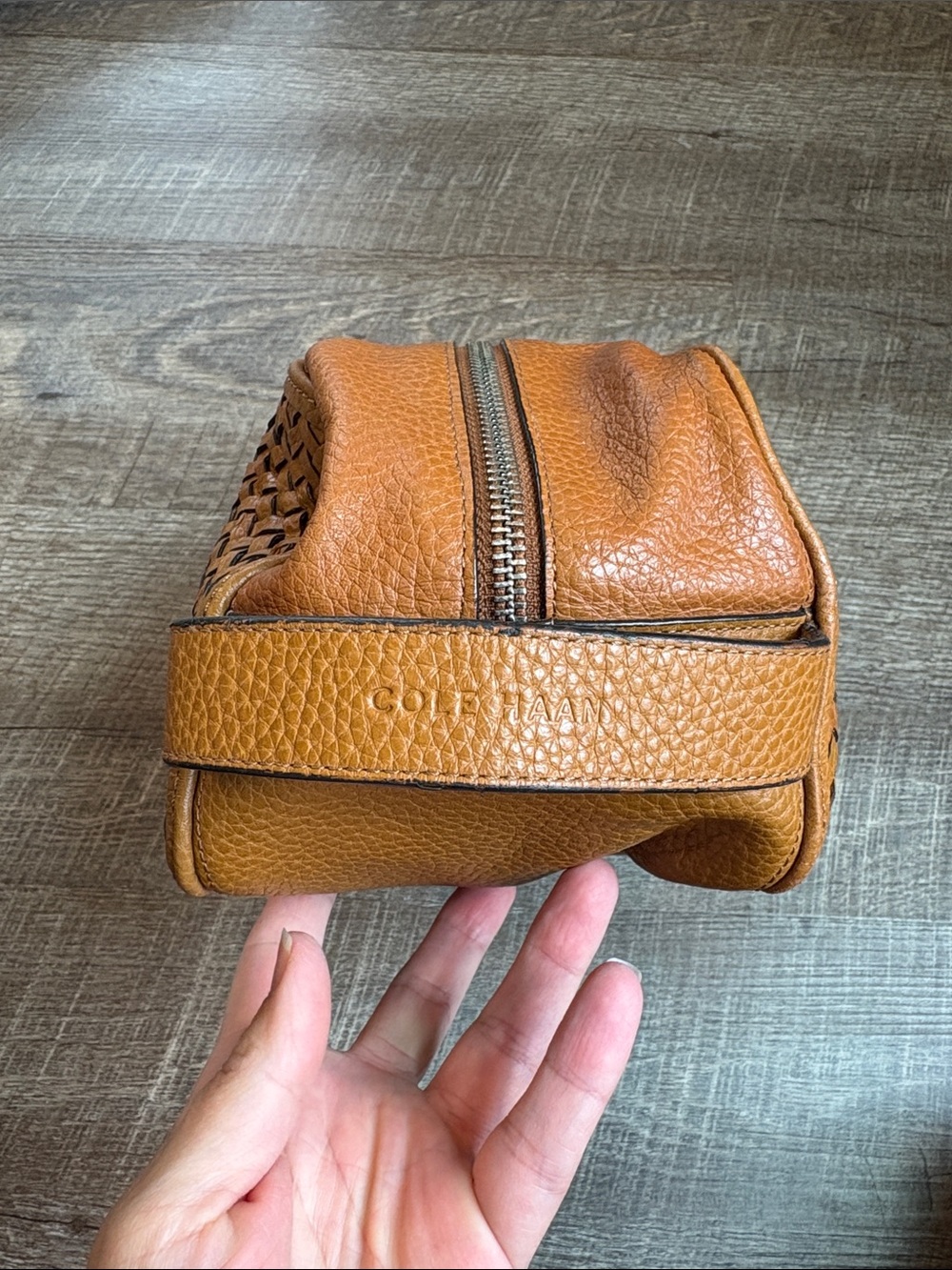 Cole Haan Tan Woven Leather Toiletry Bag Travel 10” - Picture 3 of 11
